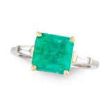 A COLOMBIAN EMERALD AND DIAMOND RING in 18ct white and yellow gold, set with an emerald cut