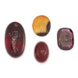 FOUR ANTIQUE HARDSTONE INTAGLIOS of oval form, each carved from hard stone to depict various