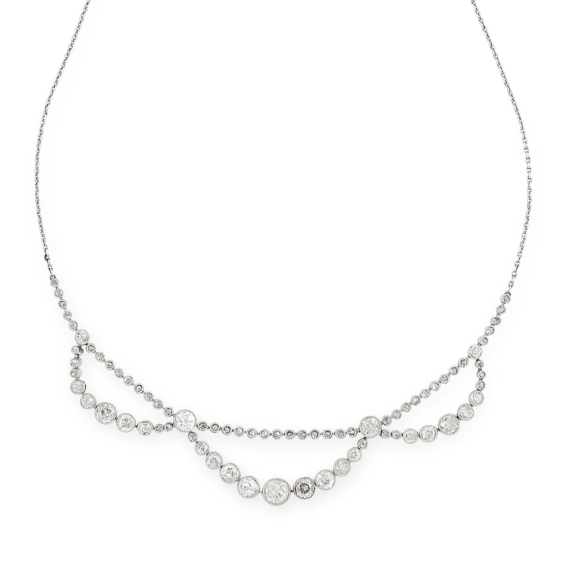 AN ANTIQUE DIAMOND NECKLACE, EARLY 20TH CENTURY set with a row of rose cut diamonds, suspending