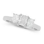 A DIAMOND THREE STONE RING in platinum, set with a trio of radiant cut diamonds totalling 1.20