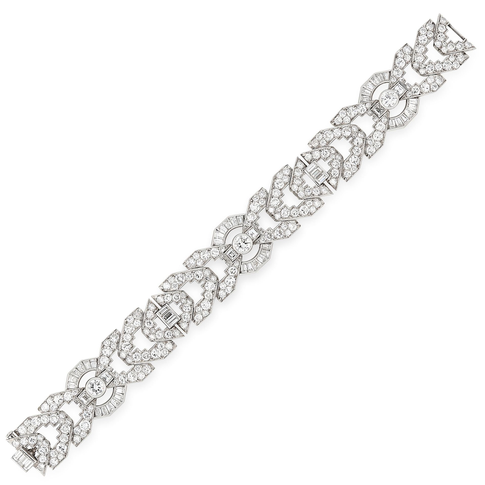 A DIAMOND BRACELET, 20TH CENTURY in platinum, formed of a series of geometric links, set with a trio