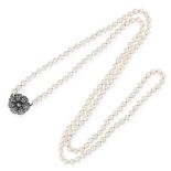 A PEARL AND DIAMOND NECKLACE in yellow gold and silver, comprising a single row of one hundred and
