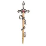 AN ANTIQUE RUBY AND DIAMOND SWORD BROOCH in yellow gold and silver, designed as a sword with