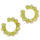 A PAIR OF PERIDOT AND DIAMOND EARRINGS in 18ct yellow gold, each designed as an incomplete scalloped