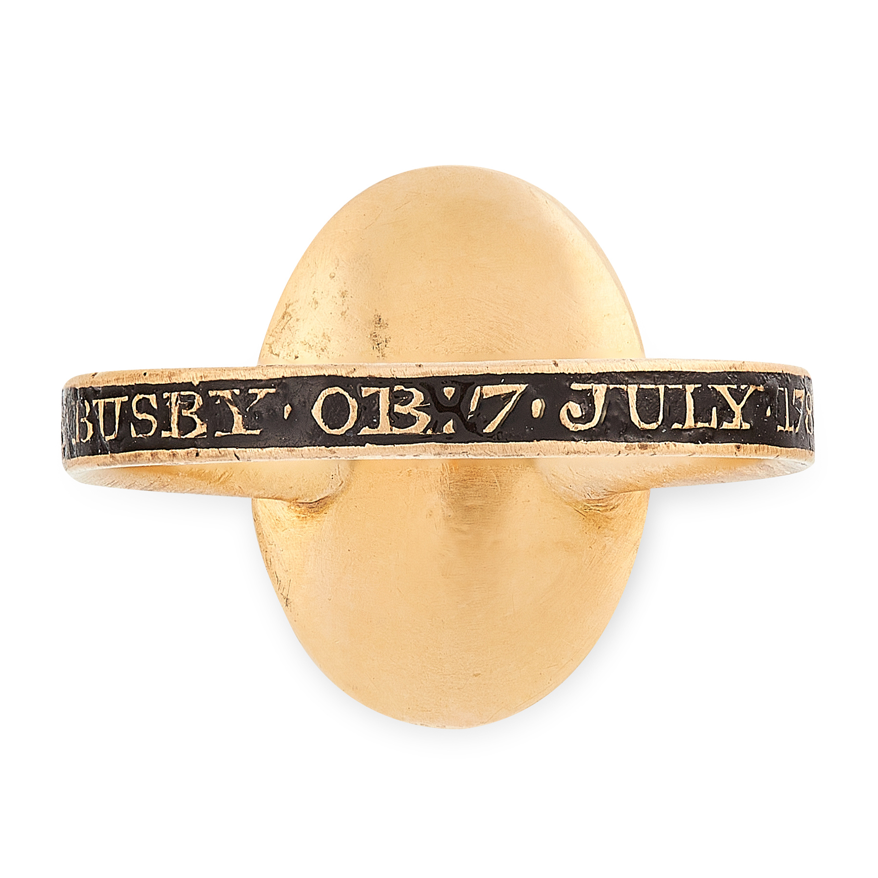 AN ANTIQUE GEORGIAN HAIRWORK AND ENAMEL MOURNING RING CIRCA 1782 in high carat yellow gold, the oval - Image 2 of 2