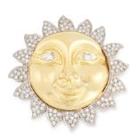 A DIAMOND SUN BROOCH in 18ct yellow and white gold, designed as a face in the sun, jewelled with