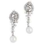 A PAIR OF PEARL AND DIAMOND EARRINGS in 18ct white gold, each designed as a cluster of round,