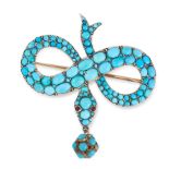 AN ANTIQUE TURQUOISE AND GARNET SNAKE BROOCH, 19TH CENTURY in yellow gold and silver, designed as