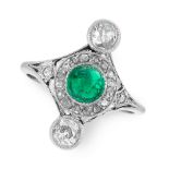 AN ART DECO EMERALD AND DIAMOND DRESS RING, EARLY 20TH CENTURY in platinum, set with a central