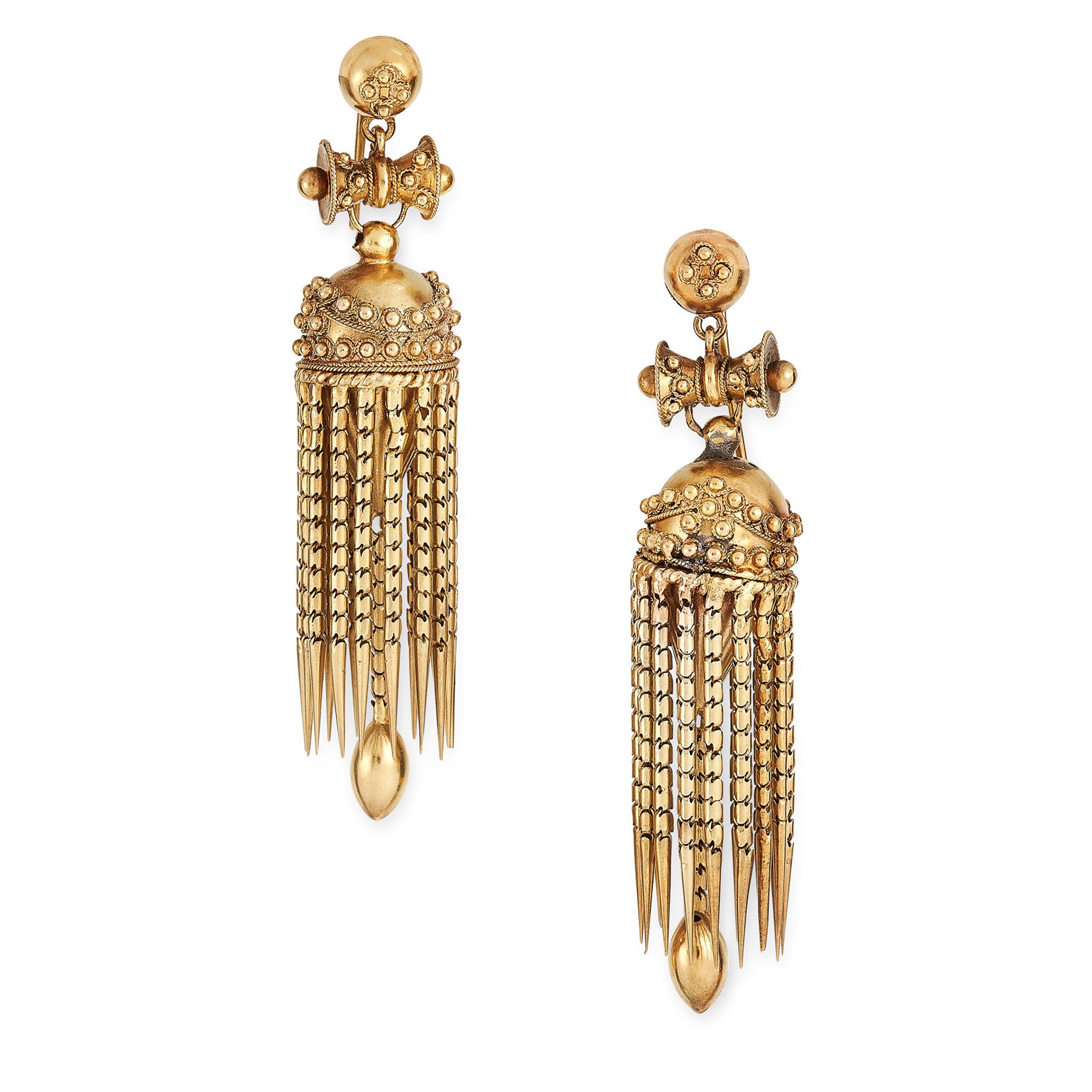 A PAIR OF ANTIQUE GOLD TASSEL EARRINGS, 19TH CENTURY in high carat yellow gold, in the Etruscan