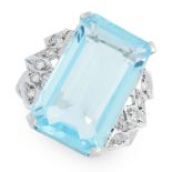 A BLUE TOPAZ AND DIAMOND RING in 18ct white gold, set with an emerald cut blue topaz of 18.22
