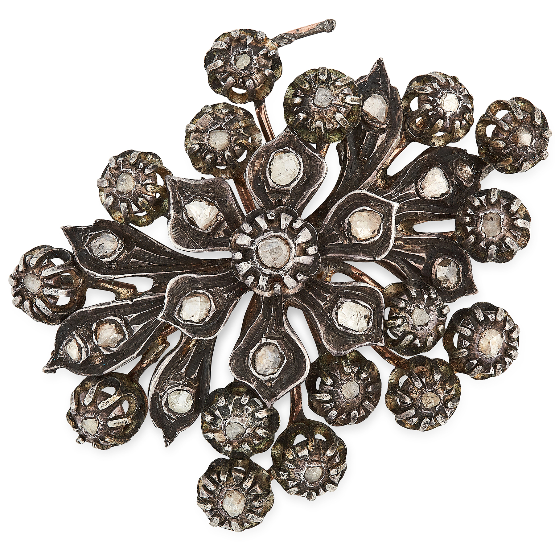 AN ANTIQUE DIAMOND JEWEL, 19TH CENTURY in silver and gold, designed as a floral motif, set with flat