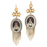 A PAIR OF ANTIQUE BANDED AGATE, DIAMOND AND RUBY FLY EARRINGS, 19TH CENTURY in yellow gold, each set