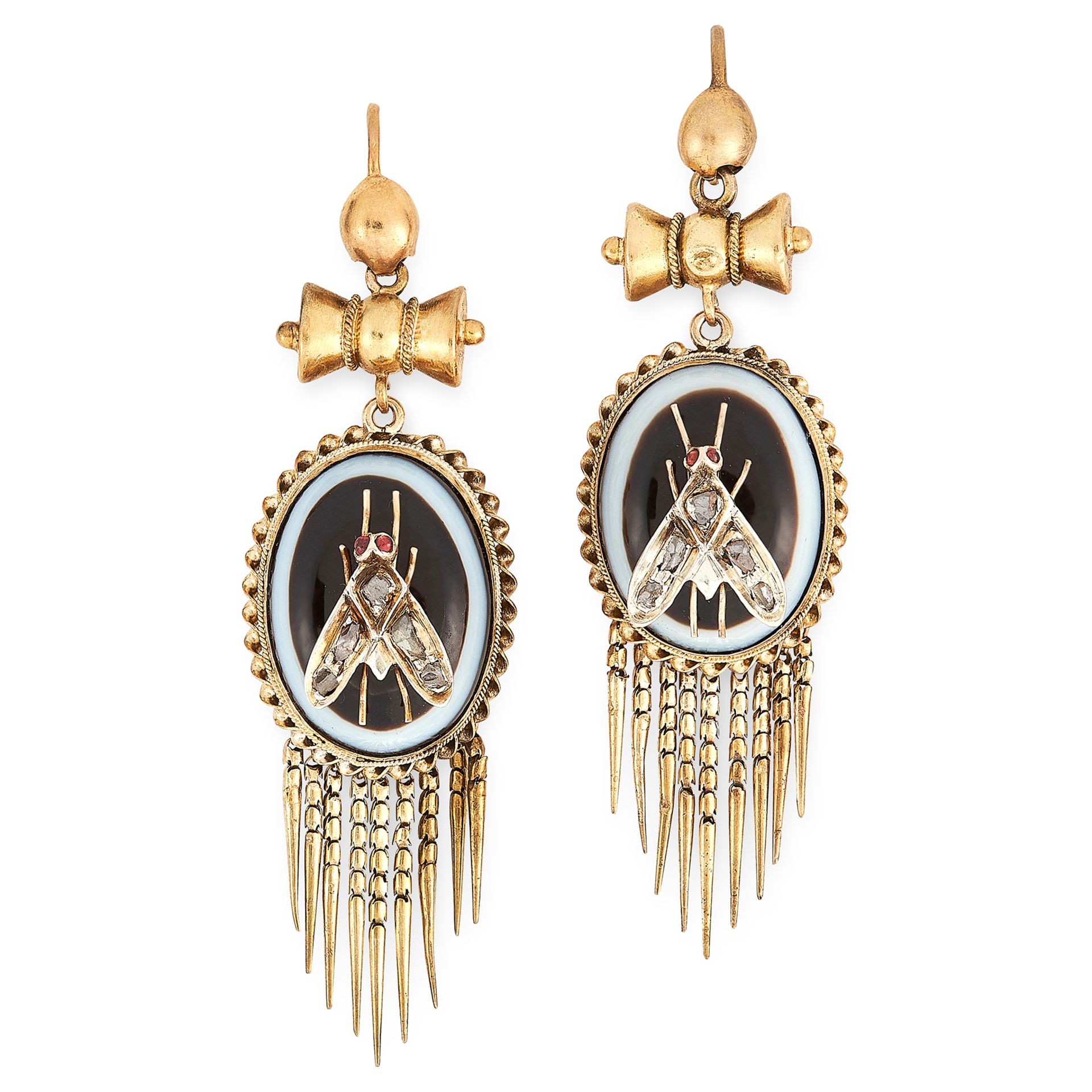 A PAIR OF ANTIQUE BANDED AGATE, DIAMOND AND RUBY FLY EARRINGS, 19TH CENTURY in yellow gold, each set