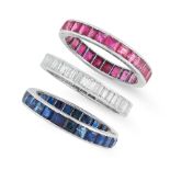 A TRIO OF SAPPHIRE, RUBY AND DIAMOND ETERNITY RINGS each one set with a single row of step cut