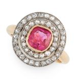 AN ANTIQUE BURMA NO HEAT RUBY AND DIAMOND RING in 18ct yellow gold and silver, set with a cushion