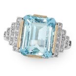 AN AQUAMARINE AND DIAMOND RING set with an emerald cut aquamarine of 4.19 carats between stepped