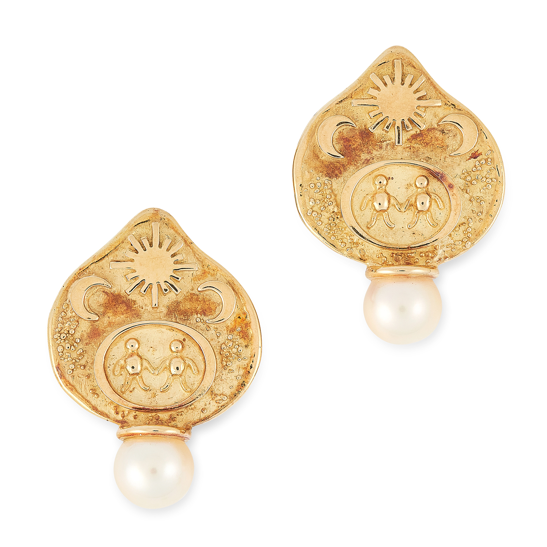 A PAIR OF ZODIAC PEARL CLIP EARRINGS, ELIZABETH GAGE 1991 in 18ct yellow gold, the face of each