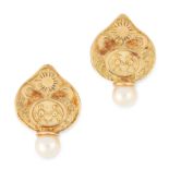 A PAIR OF ZODIAC PEARL CLIP EARRINGS, ELIZABETH GAGE 1991 in 18ct yellow gold, the face of each