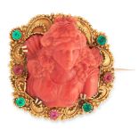 AN ANTIQUE CARVED CORAL AND GEMSET BROOCH, 18TH CENTURY OR LATER in high carat yellow gold, set with
