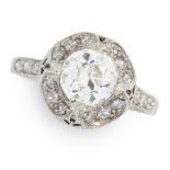 AN ART DECO DIAMOND RING, EARLY 20TH CENTURY set with a central old cut diamond of 1.31 carats,