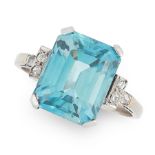 AN ART DECO BLUE ZIRCON AND DIAMOND RING in white gold, set with an emerald cut blue zircon of 7.