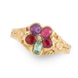 AN ANTIQUE JEWELLED REGARD RING, 19TH CENTURY in high carat yellow gold, the central floral motif