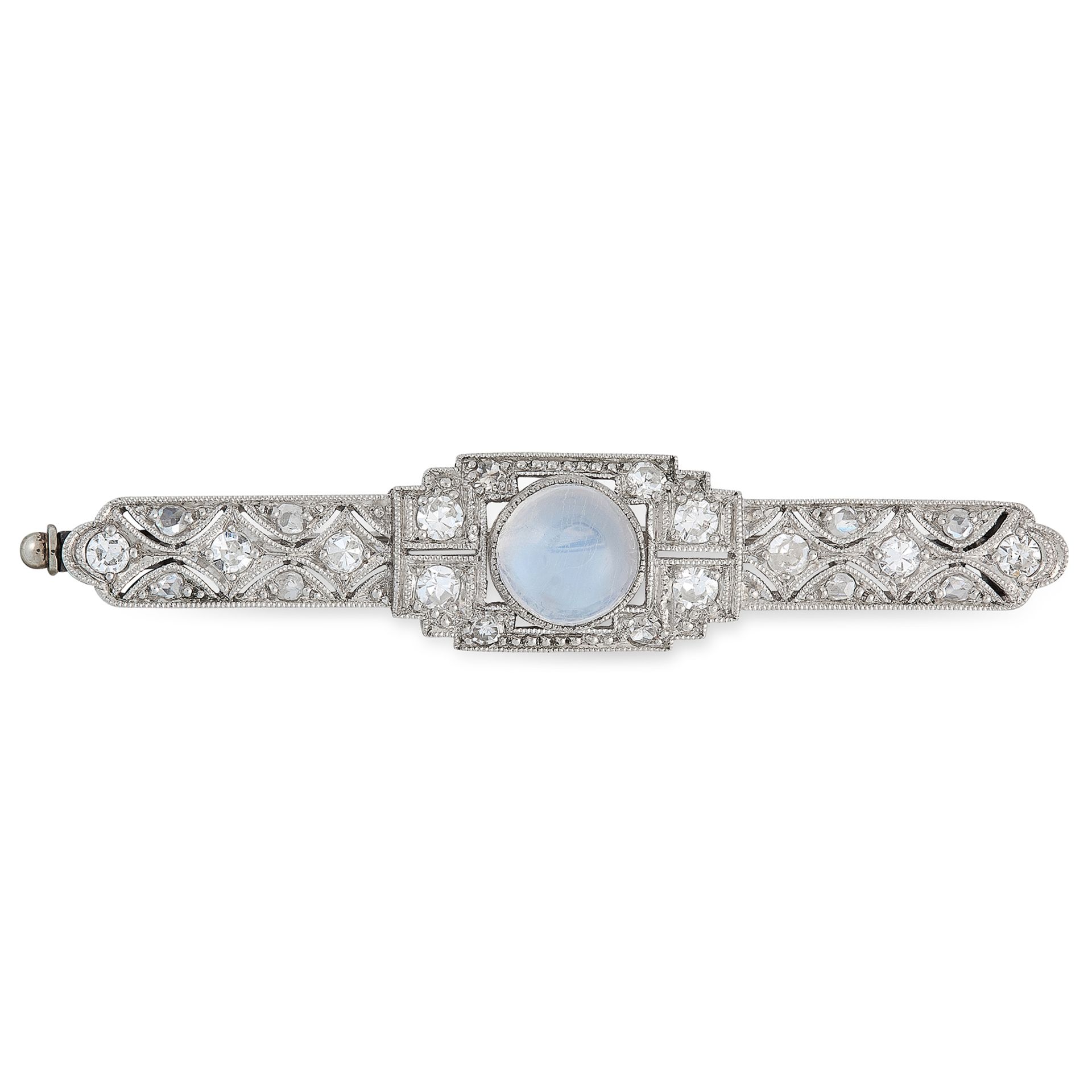 AN ART DECO MOONSTONE AND DIAMOND BROOCH, EARLY 20TH CENTURY set with a round cabochon moonstone