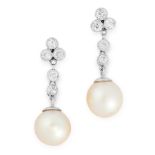A PAIR OF PEARL AND DIAMOND DROP EARRINGS each set with a pearl of 9.1mm below an articulated drop