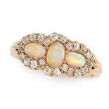 AN ANTIQUE VICTORIAN OPAL AND DIAMOND RING, 1888 in 18ct yellow gold, set with a trio of oval