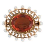 AN ANTIQUE CITRINE AND PEARL BROOCH, 19TH CENTURY in yellow gold, set with an oval cut citrine of