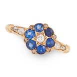 AN ANTIQUE SAPPHIRE AND DIAMOND RING, 1910 in 18ct yellow gold, set with a cluster of old and rose