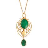 AN ANTIQUE JADEITE JADE PENDANT in 15ct yellow gold, set with two graduated oval jadeite cabochons