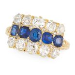 AN ANTIQUE SAPPHIRE AND DIAMOND RING in 18ct yellow gold, set with a row of five graduated cushion