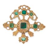 AN ANTIQUE JEWELLED BROOCH, SPANISH 19TH CENTURY the body set with various step cut green stones,