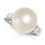 A NATURAL PEARL AND DIAMOND RING set with a pearl of 12.4mm in diameter, accented by baguette cut