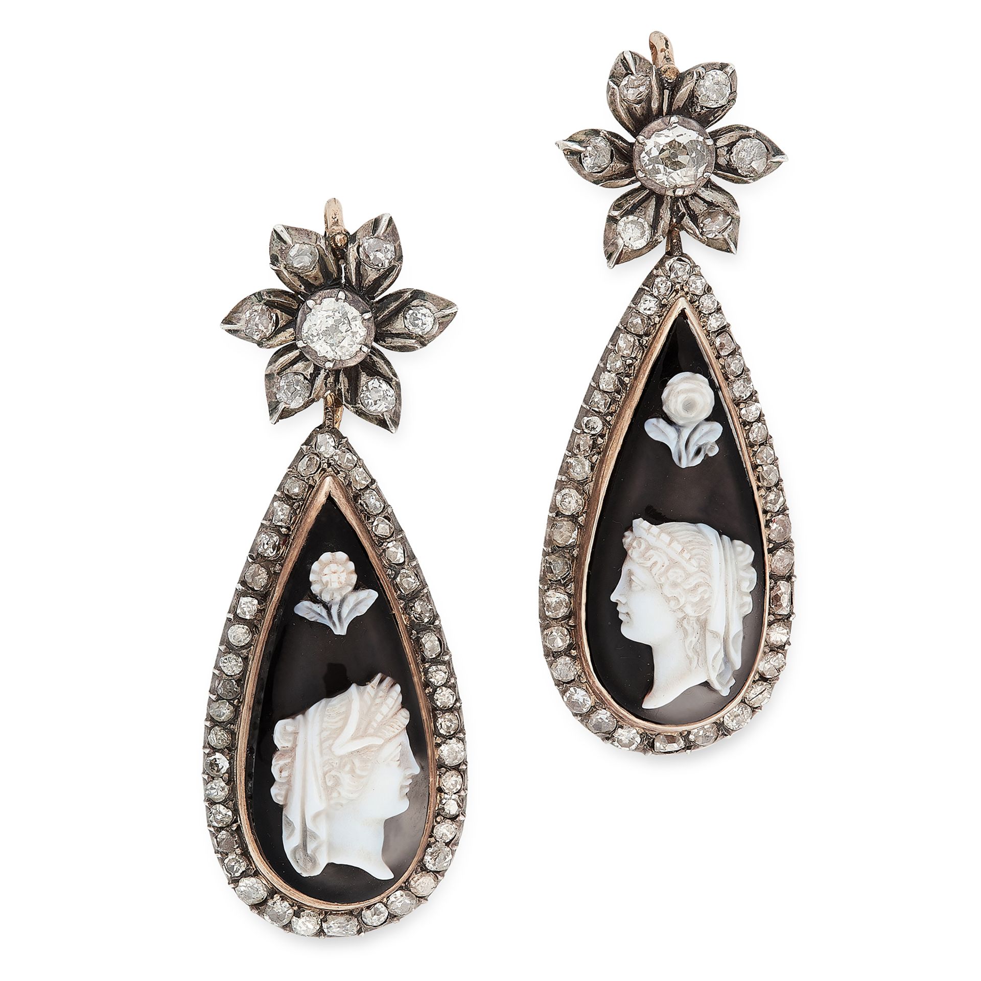 A PAIR OF ANTIQUE CAMEO AND DIAMOND EARRINGS, 19TH CENTURY in yellow gold and silver, each set