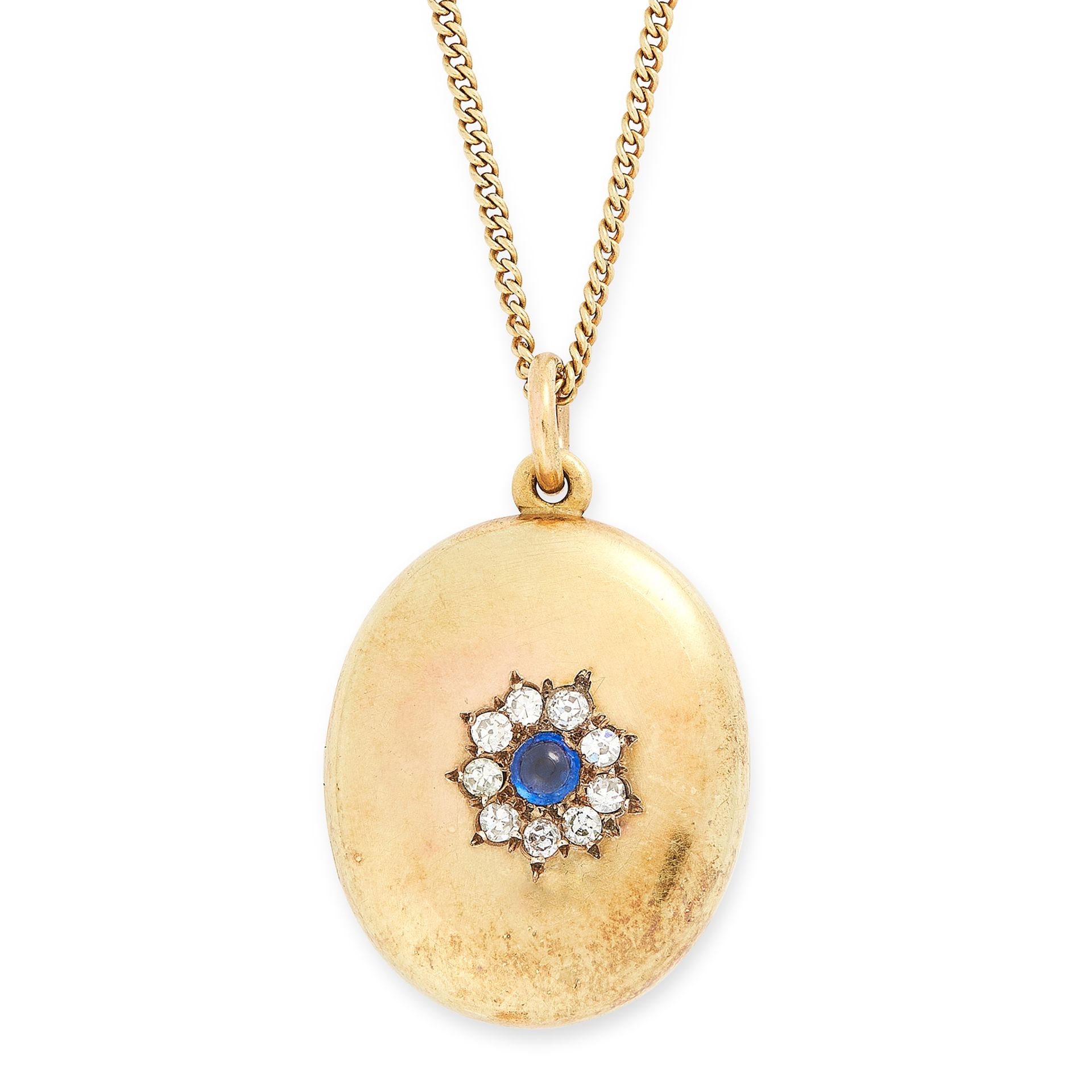 AN ANTIQUE SAPPHIRE AND DIAMOND LOCKET PENDANT AND CHAIN in high carat yellow gold, the oval