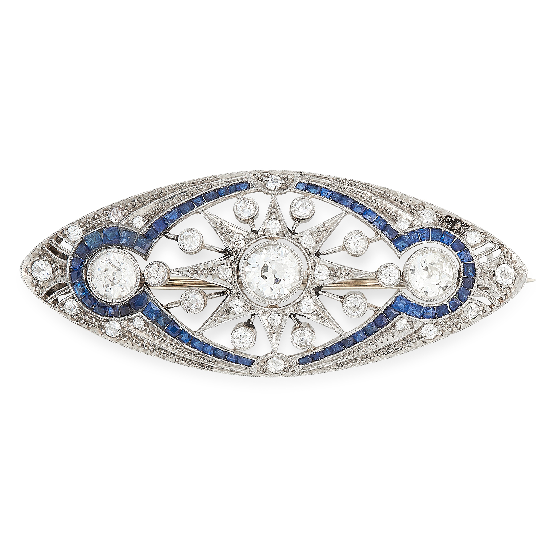 AN ART DECO DIAMOND AND SAPPHIRE BROOCH in platinum, of navette design, the body set with a trio