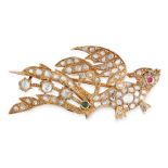 A RUBY, EMERALD AND DIAMOND BIRD BROOCH, 19TH CENTURY in yellow gold, designed to depict a bird in