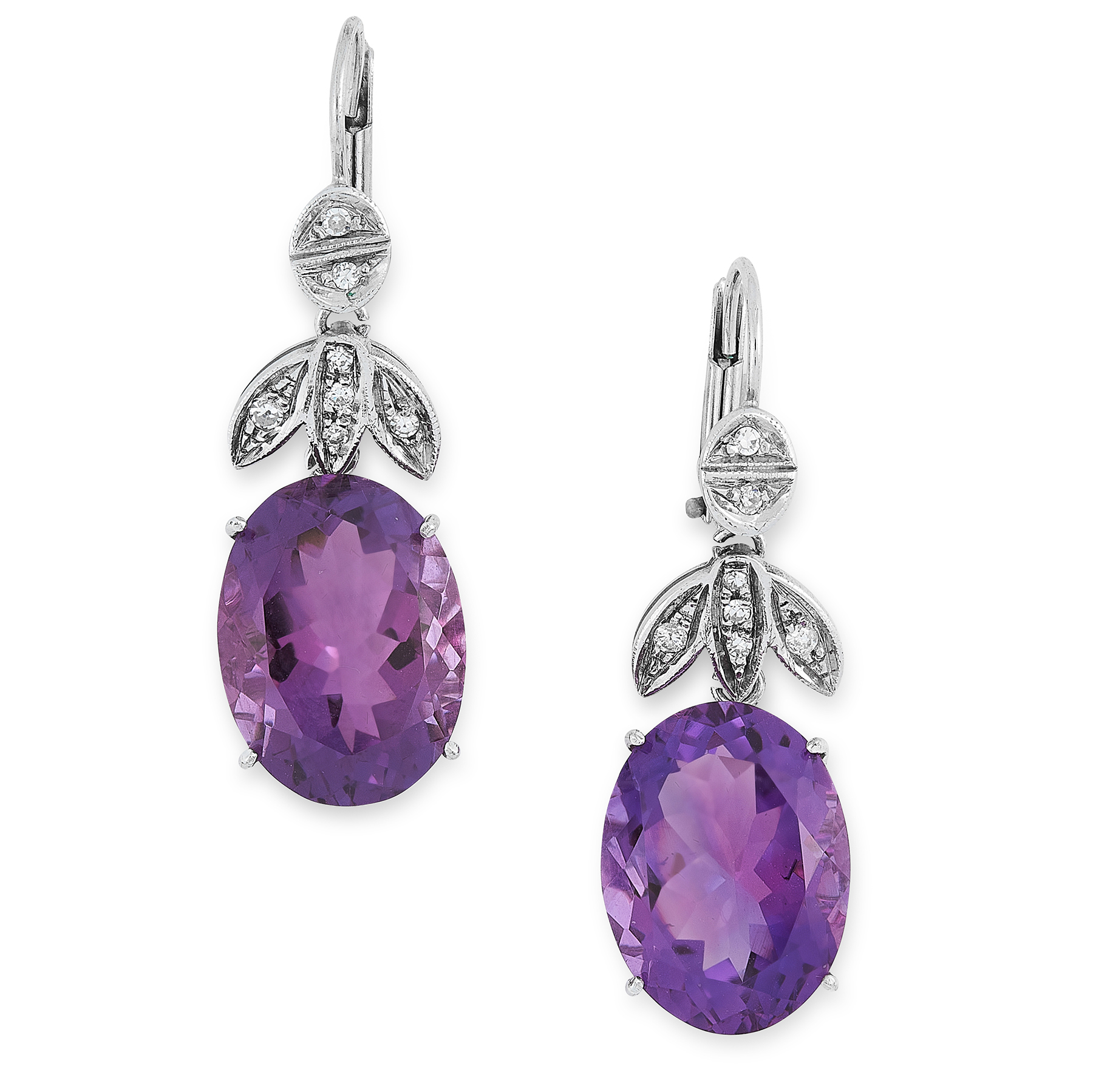 A PAIR OF AMETHYST AND DIAMOND EARRINGS in 18ct white gold, each set with an oval cut amethyst of