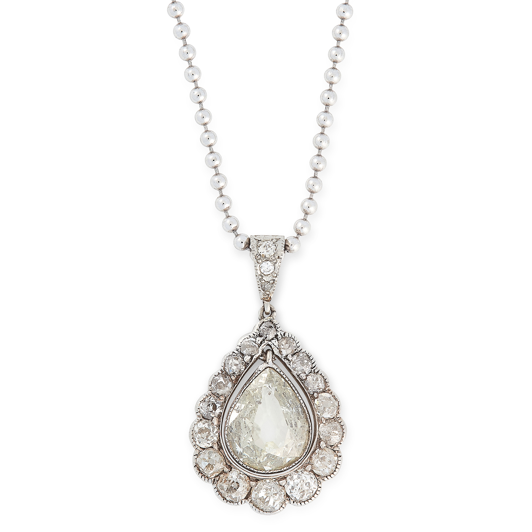 AN ANTIQUE DIAMOND PENDANT set with a pear shaped old cut diamond of 1.10 carats, suspended within a