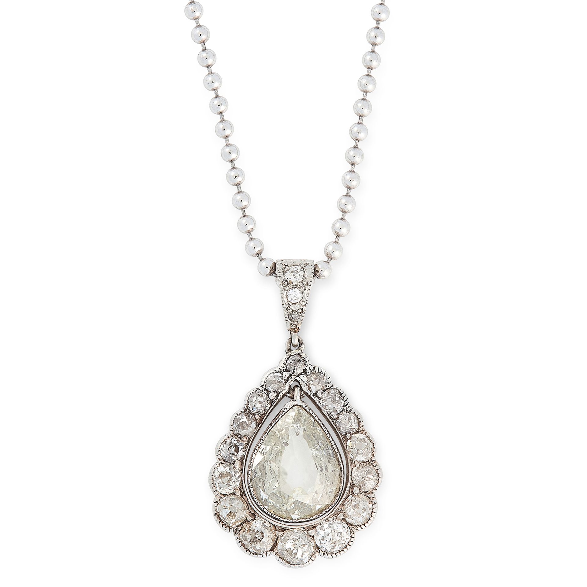 AN ANTIQUE DIAMOND PENDANT set with a pear shaped old cut diamond of 1.10 carats, suspended within a