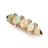 AN ANTIQUE OPAL AND DIAMOND RING in 18ct yellow gold, set with a row of five graduated oval cabochon