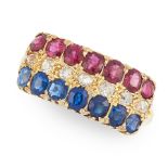 AN ANTIQUE VICTORIAN RUBY, SAPPHIRE AND DIAMOND RING in 18ct yellow gold, set with a row of old