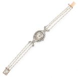 AN ANTIQUE DIAMOND AND PEARL WRIST WATCH, CARTIER EARLY 20TH CENTURY in 18ct yellow gold and