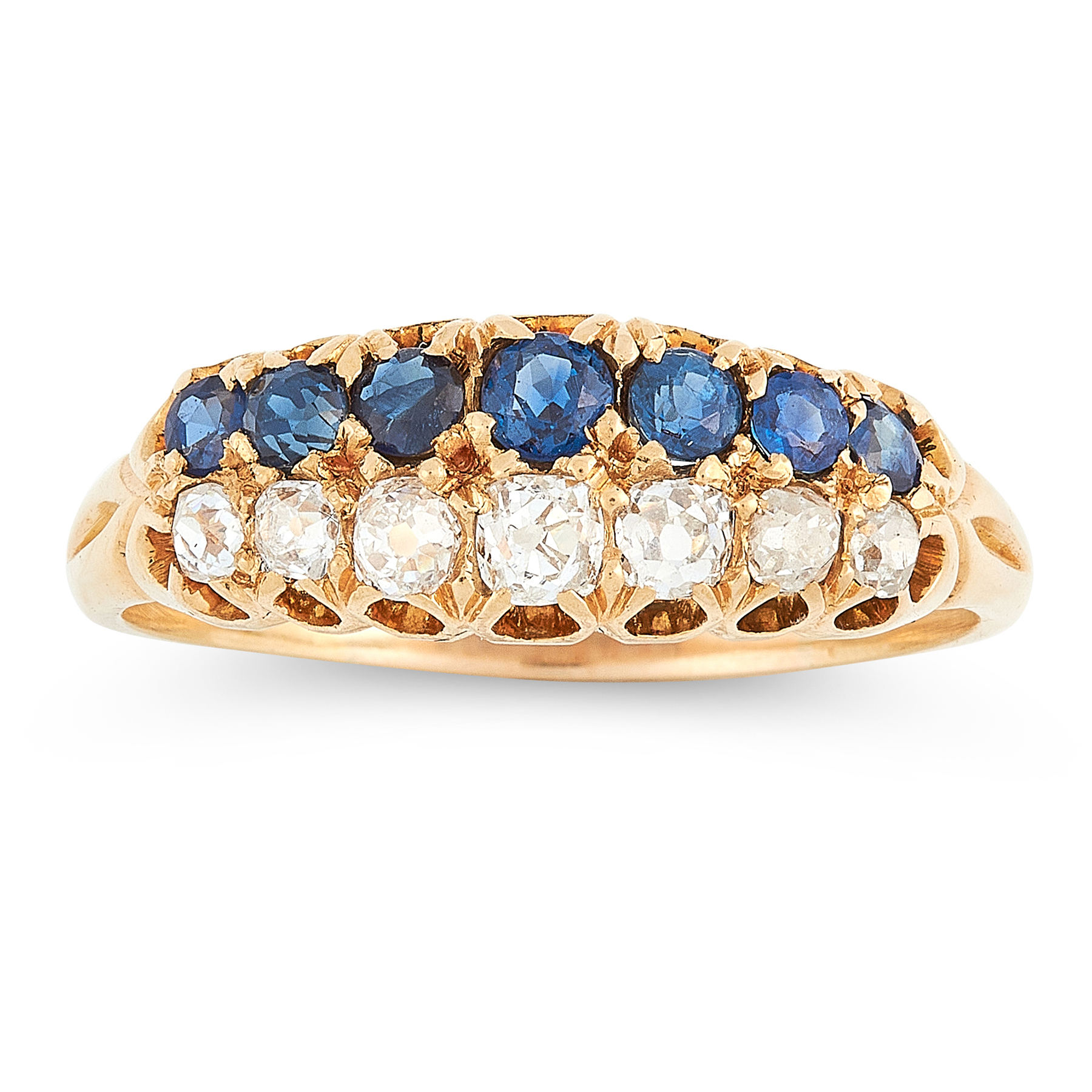 AN ANTIQUE SAPPHIRE AND DIAMOND RING in high carat yellow gold, set with two adjacent rows of