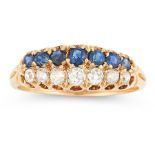 AN ANTIQUE SAPPHIRE AND DIAMOND RING in high carat yellow gold, set with two adjacent rows of