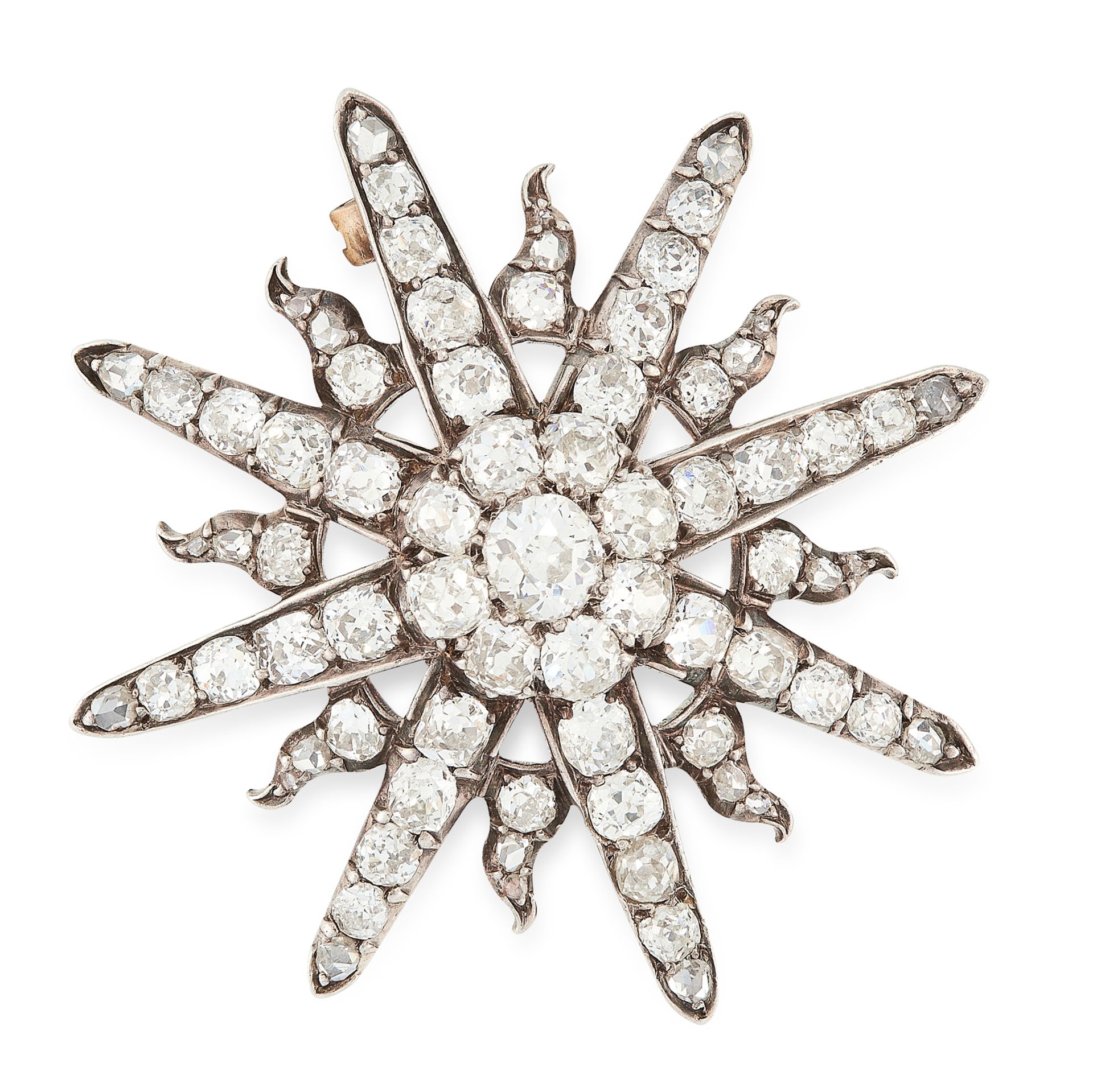 AN ANTIQUE VICTORIAN DIAMOND SUN BROOCH in yellow gold and silver, set with old and rose cut