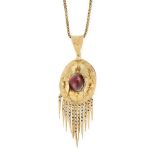 AN ANTIQUE VICTORIAN GARNET PENDANT AND CHAIN in high carat yellow gold, comprising of a cabochon